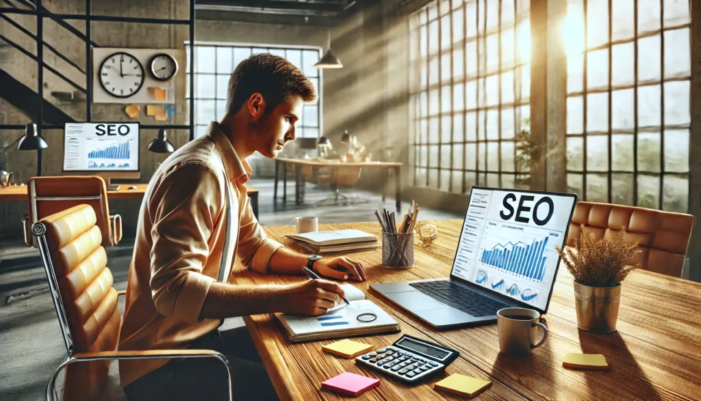 A business owner working on SEO at a modern desk, focused on a laptop displaying an analytics dashboard with charts and graphs. The workspace includes sticky notes, a cup of coffee, and natural light streaming through a window, creating a professional and inspiring atmosphere.