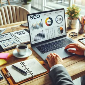 A small business owner working on SEO at a modern desk with a laptop displaying an analytics dashboard, surrounded by notebooks, a smartphone, and a cup of coffee, symbolizing a do-it-yourself (DIY) approach to SEO for small websites.